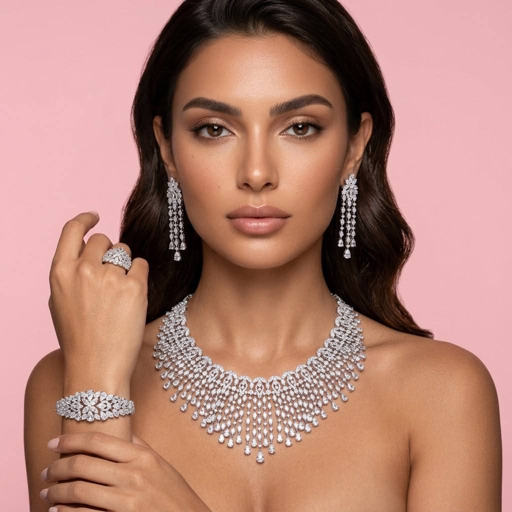 Cheryle White Bridal Full Set – Premium Rhodium Plated with High-Quality Zircon Stones