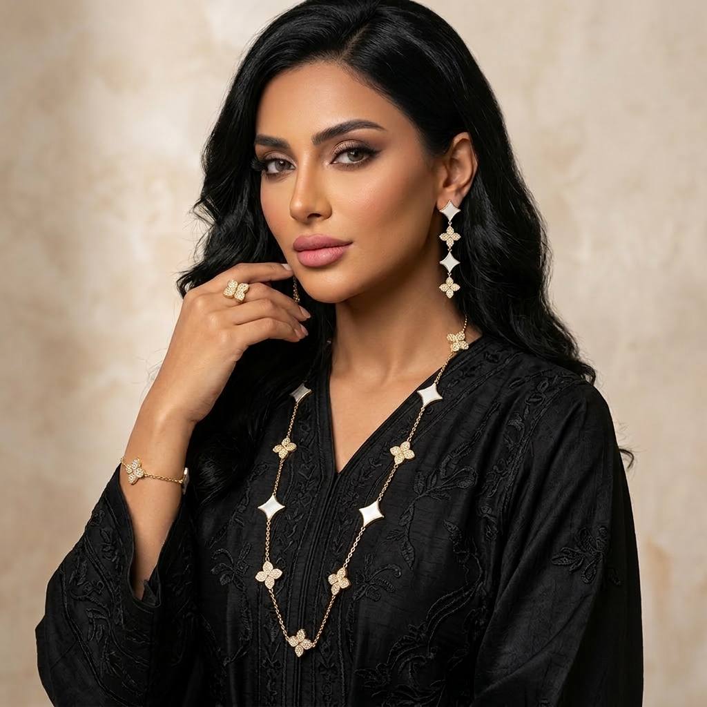 Omnia Golden Clove White Long Chain Full Set with High-Quality Simulated Diamonds 18k Gold Plated 100cm(16cm only available in KSA) - OMNIASTORES KSA
