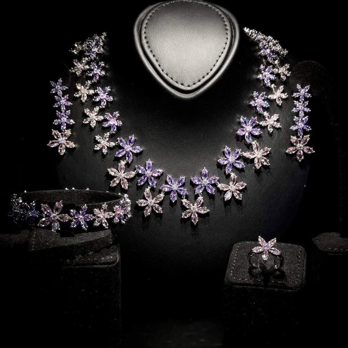Omnia Yusra Pink and Purple Bridal Full Set in High Quality Simulated Diamonds - OMNIASTORES UAE