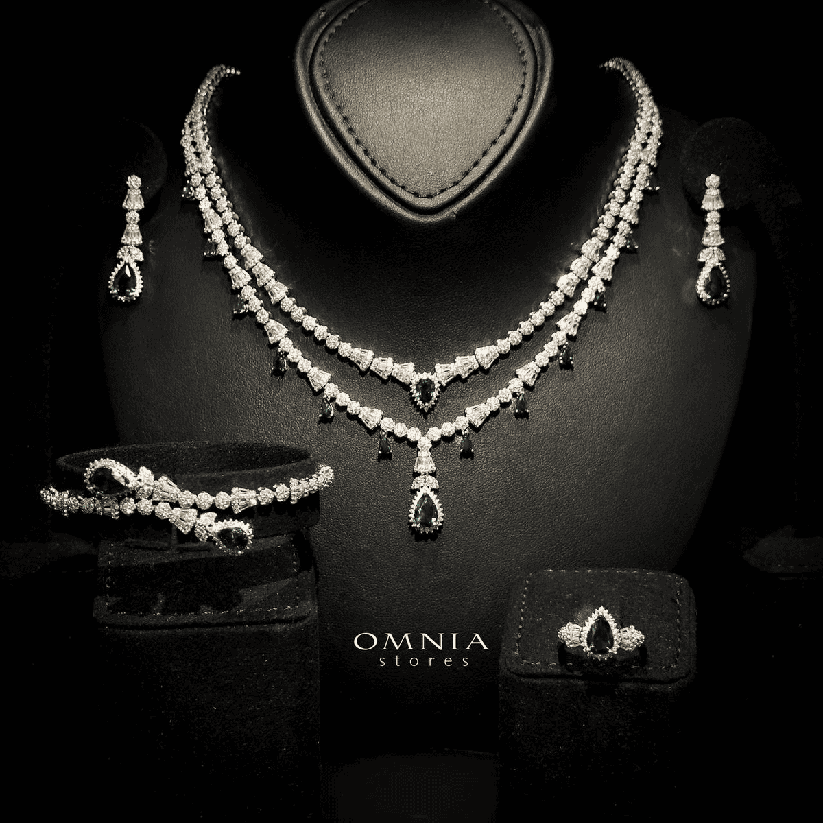 Omnia Ghada Green Bridal Full Set Accessories in High Quality Zircon Stone Premium Rhodium Plated - OMNIASTORES UAE