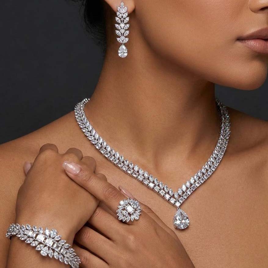 Omnia Dalal Bridal White Full Set with Teardrop Design in High Quality Zircon Stone Rhodium Plated - OMNIASTORES KSA