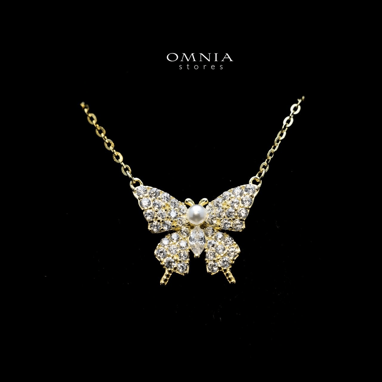 Omnia Sara Butterfly Necklace with High Quality Iced Cut Stone and Pearl in 92.5 Silver - OMNIASTORES UAE