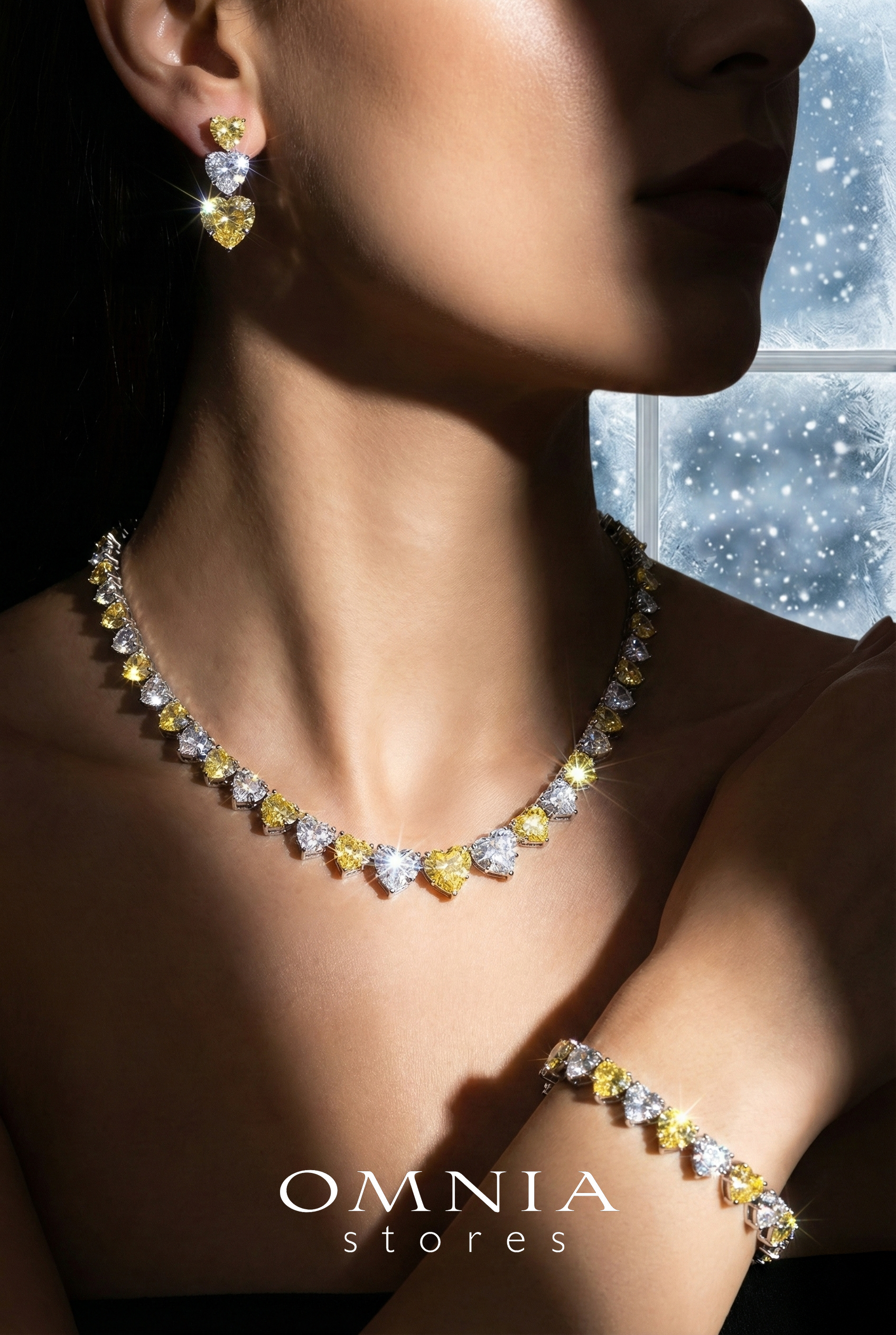 Omnia Donatella Yellow Luxury Bridal Full Set with Heart-Cut High-Quality Simulated Diamonds Rhodium Plated - OMNIASTORES KSA