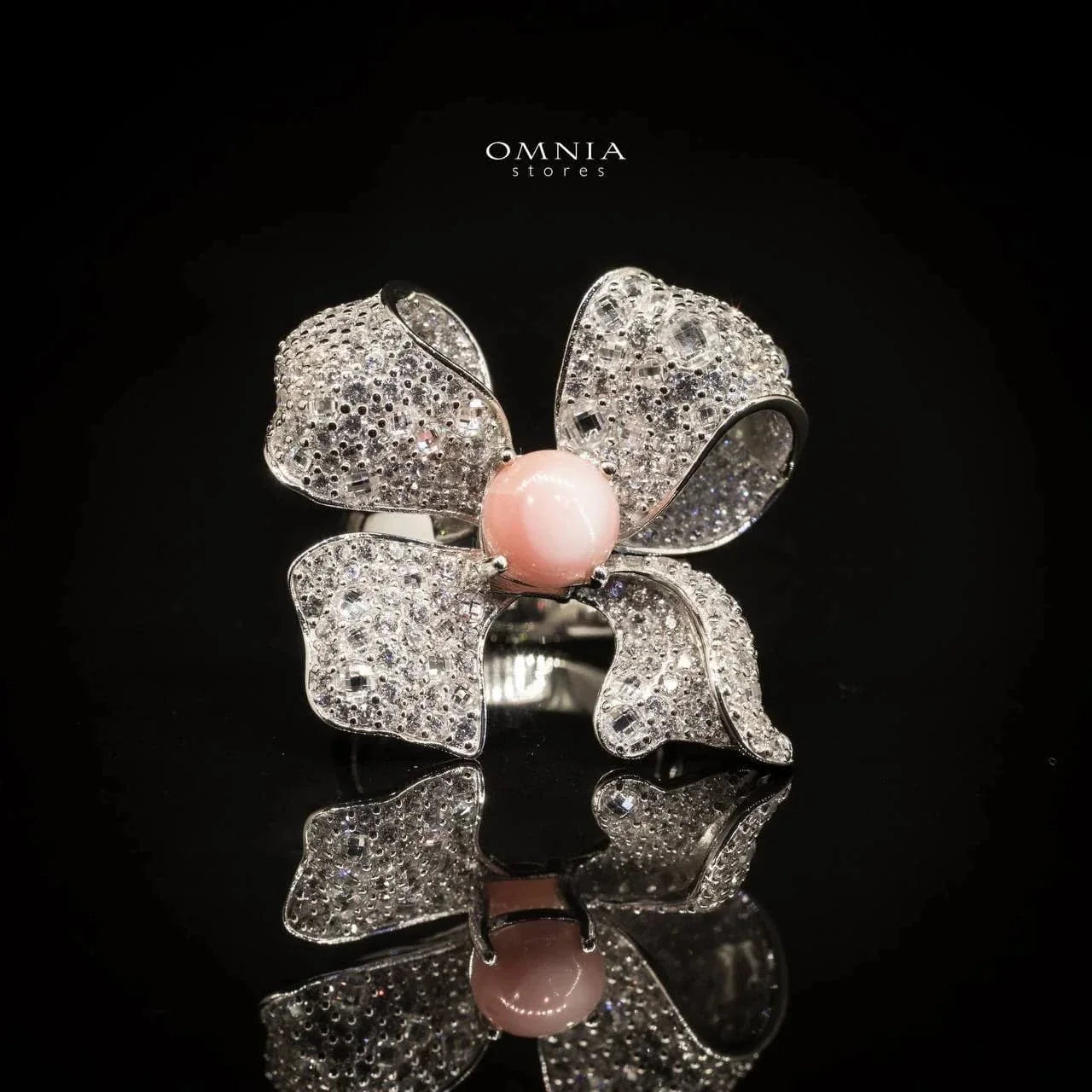 Omnia Ghadir Flower Ring 92.5 Silver in High Quality Simulated Diamonds - OMNIASTORES UAE