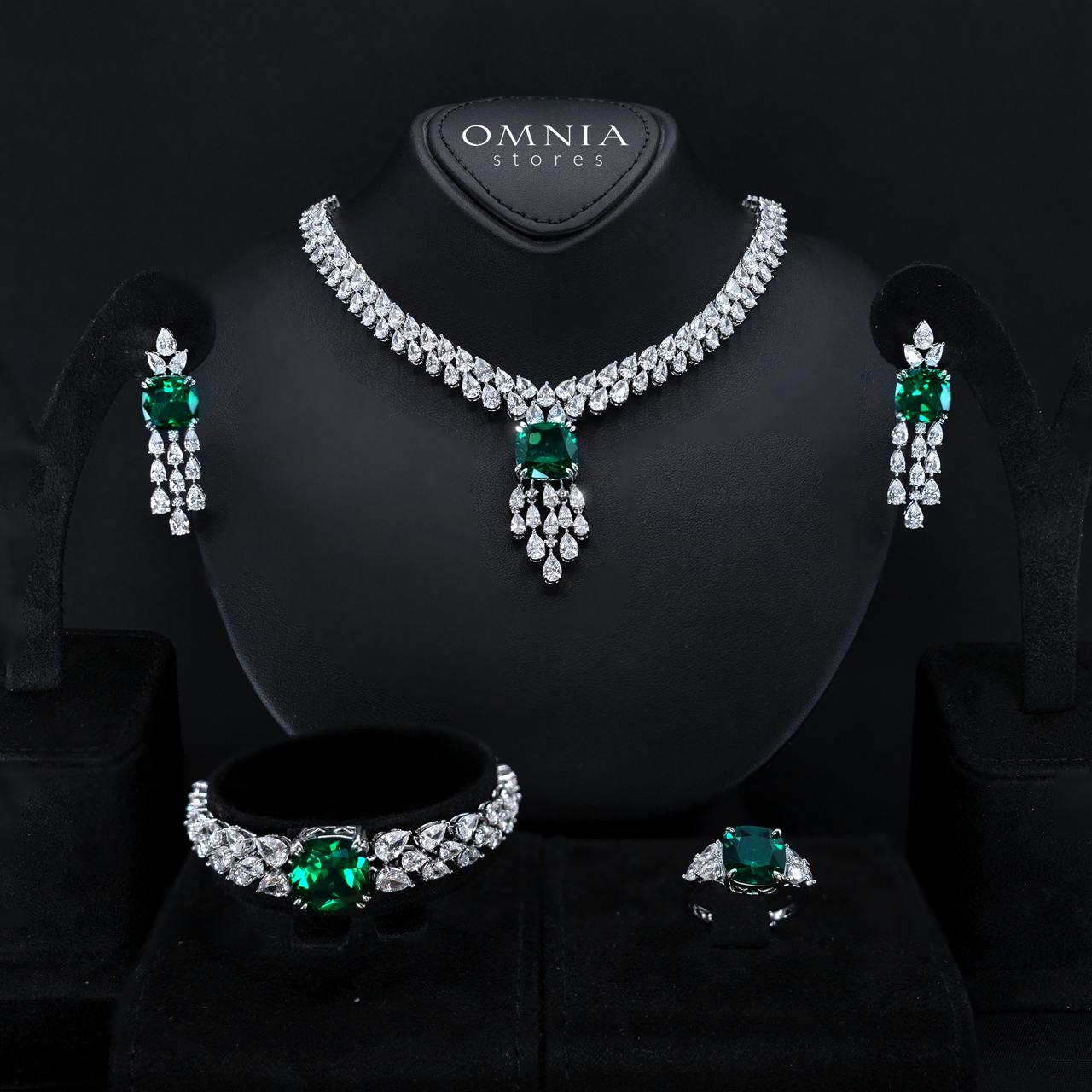 Nazaha Bridal Full Set in Rhodium Plated with High Quality White and Green Zircon Stones