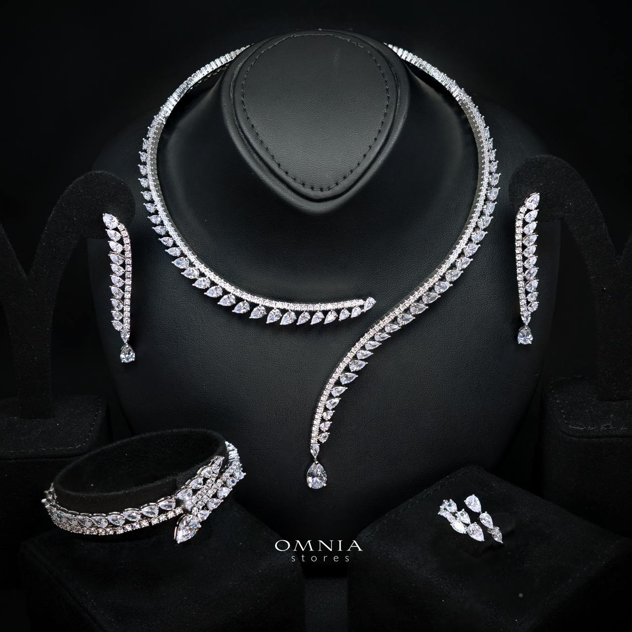 Catalina Elegant White Cascading Leaf Drop Bridal Full Set with High-Quality Premium Zircon Stones, Rhodium-Plated Finish
