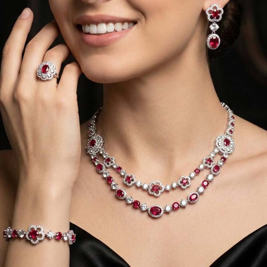 Omnia Esra Red Full Set in High Quality Zircon Stone Rhodium Plated - OMNIASTORES KSA