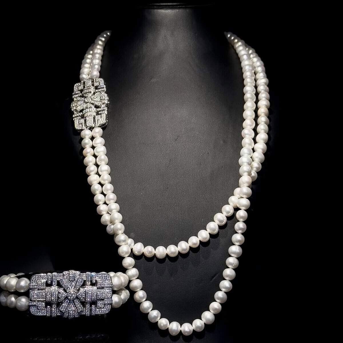 Omnia Madison Pearl Double-Layer Necklace and Bracelet Set with Intricate Diamond-Embedded Clasp in 92.5 Silver and High-Quality Simulated Diamonds - OMNIASTORES UAE