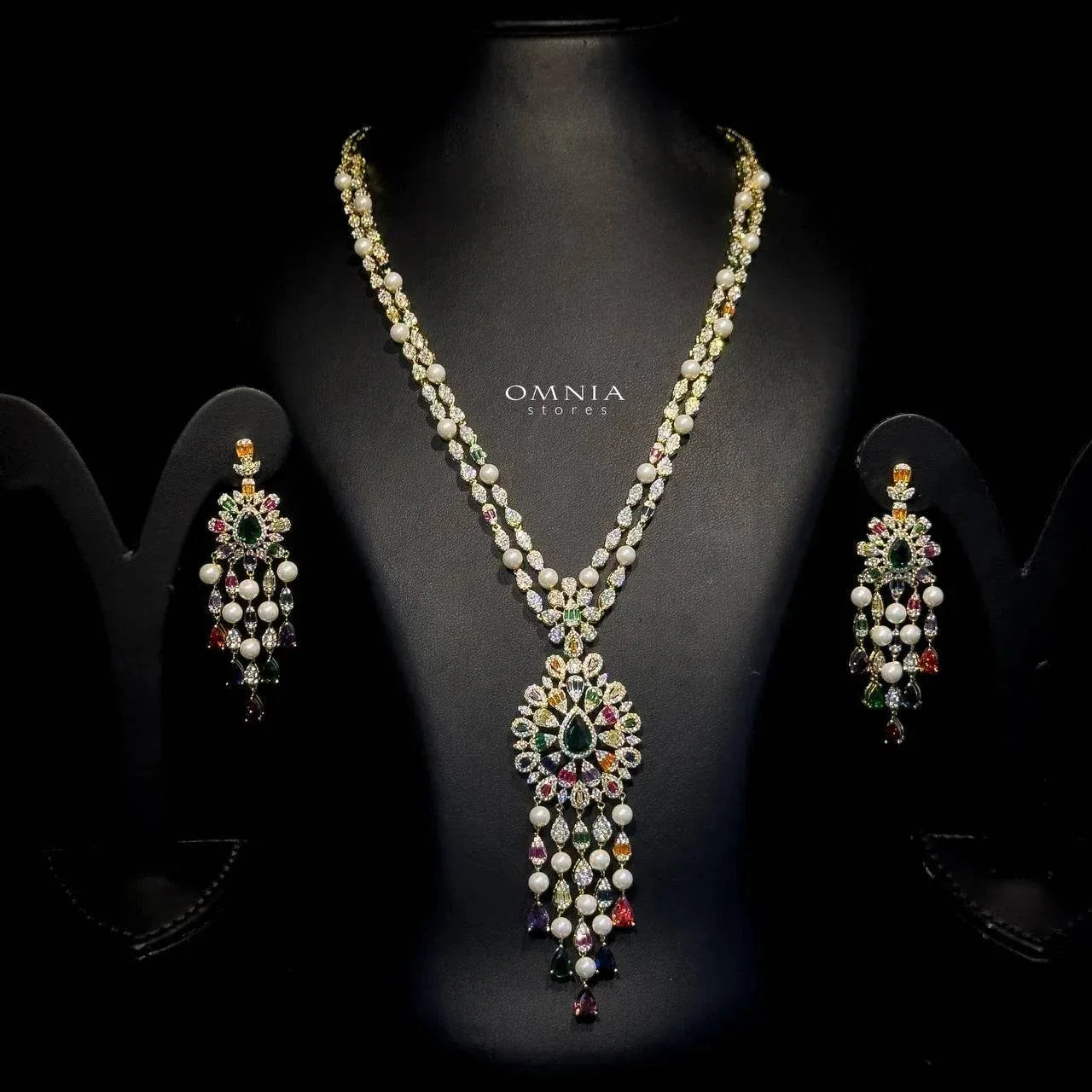 Omnia Inas Golden Long Chain Full Set Accessories High Quality Zircon Stone In Rhodium Plated - OMNIASTORES UAE