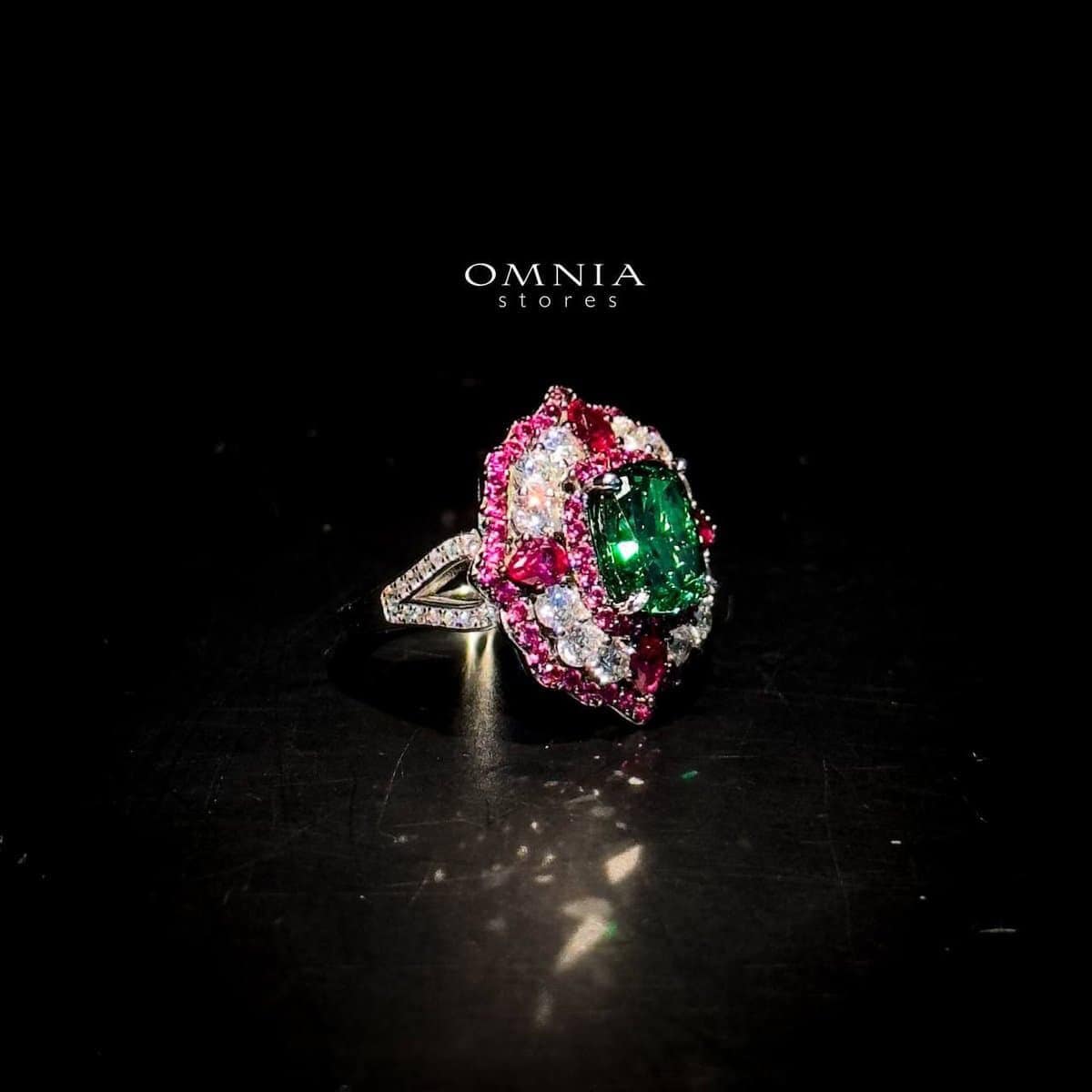 Omnia Maliya Green and Pink Ring in 92.5 Silver with High Quality Simulated Diamonds - OMNIASTORES UAE