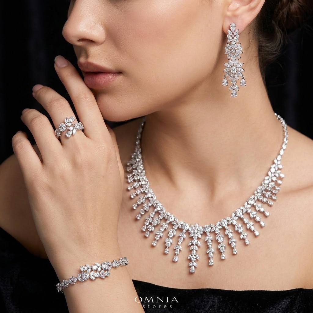 Omnia Farida White Luxury Bridal Full Set in High Quality Rhodium Plated Zircon Stones - OMNIASTORES KSA