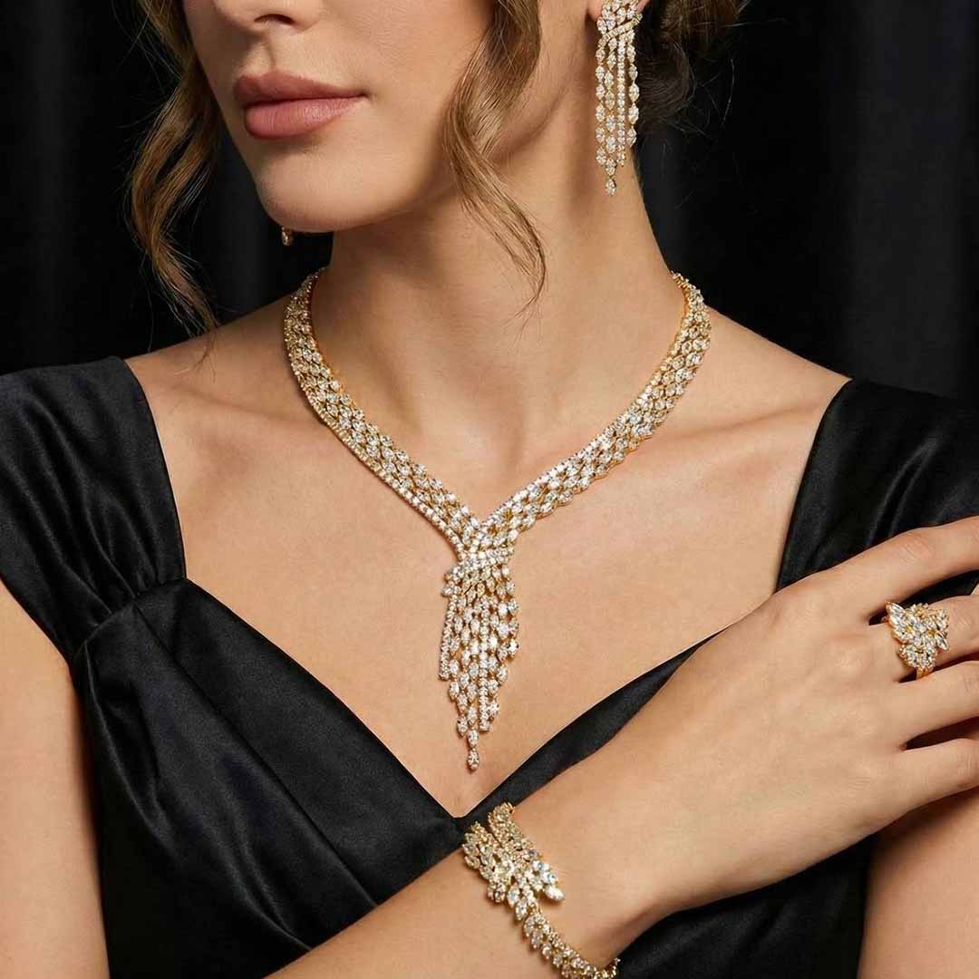 Omnia Fatma Gold Luxury Bridal Full Set in High Quality Zircon Stone in Rhodium Plated - OMNIASTORES KSA