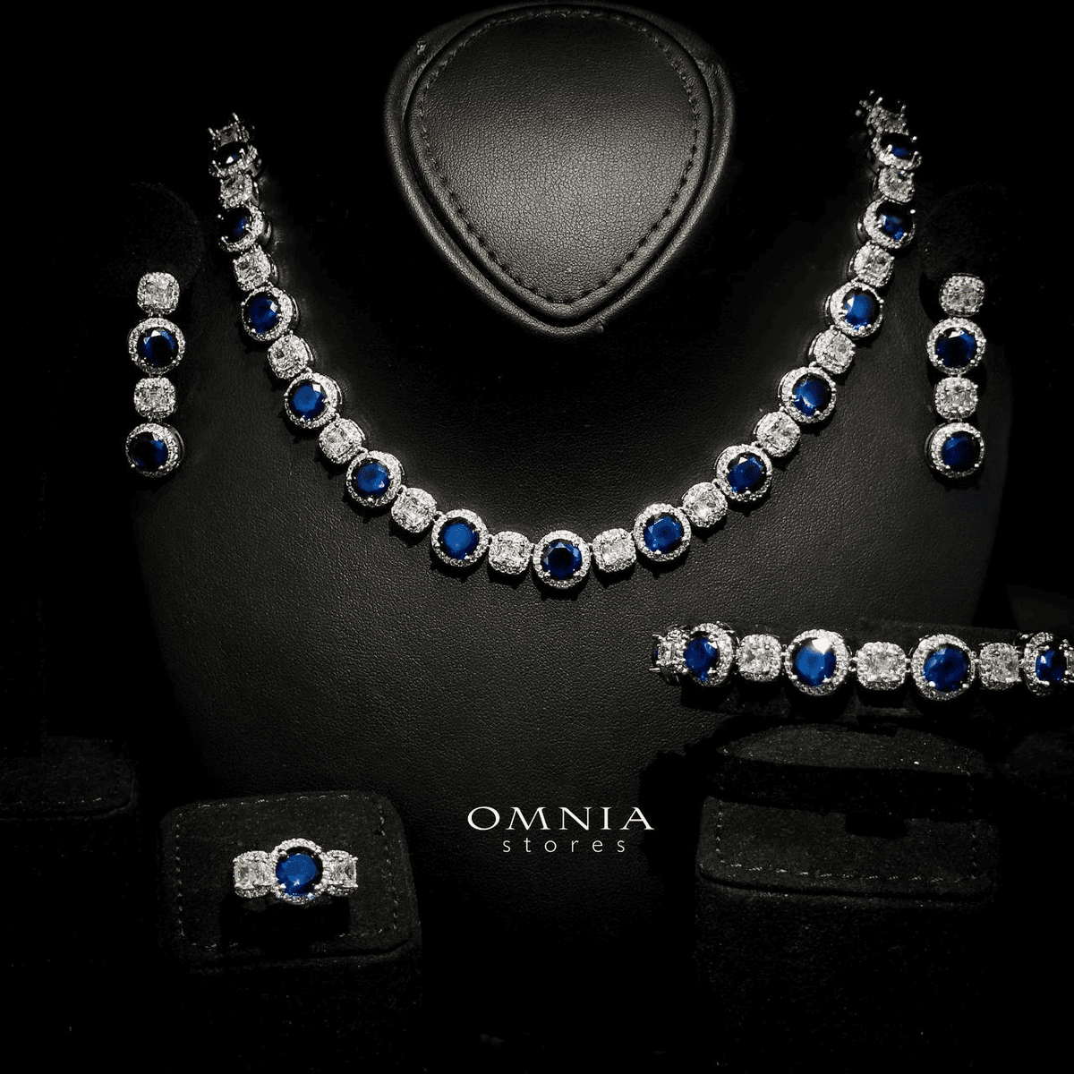 Omnia Lilian Blue Bridal Full Set in High Quality Simulated Diamonds Rhodium Plated - OMNIASTORES UAE