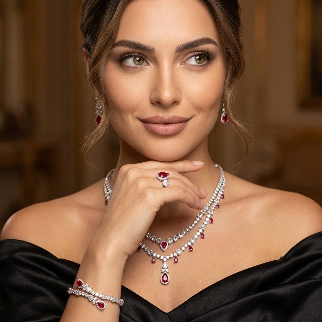 Omnia Ghada Red Bridal Full Set with Rhodium Plated in High Quality Zircon Stone Rhodium Plated (16cm only available in KSA) - OMNIASTORES KSA