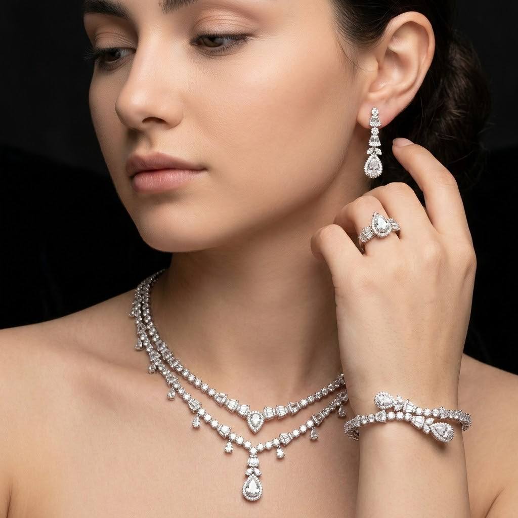 Omnia Ghada White Luxury Bridal Full Set Accessories in High Quality Zircon Stone Rhodium Plated - OMNIASTORES KSA