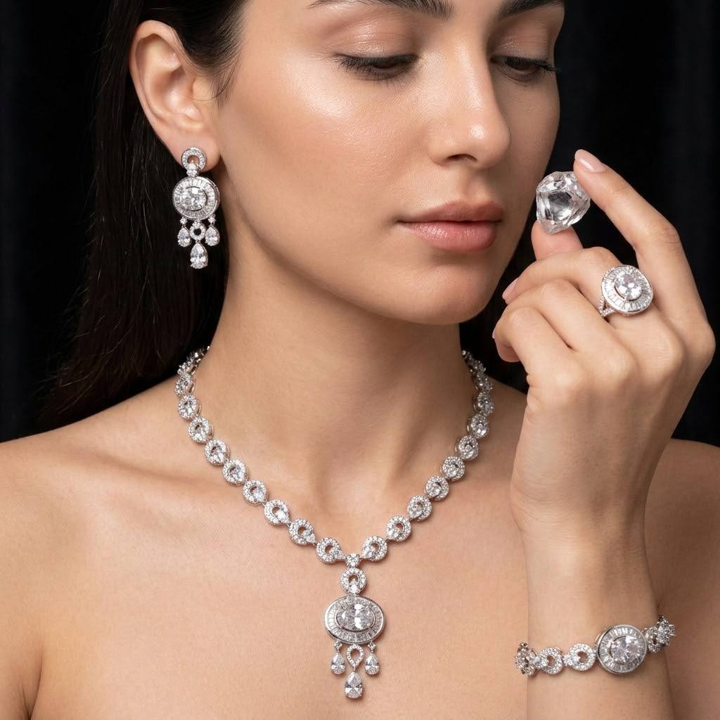 Omnia Hayah White Bridal Full Set in High Quality Zircon Stone in Rhodium Plated - OMNIASTORES KSA