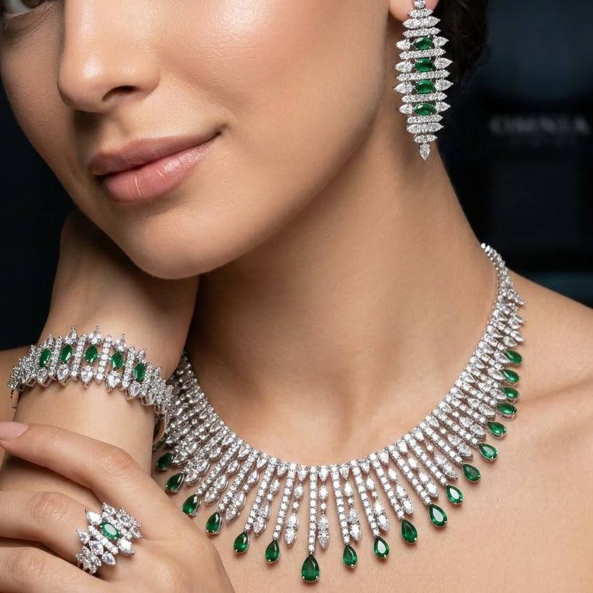 Omnia Lana Green Bridal Full Set in High Quality Zircon Stone Rhodium Plated - OMNIASTORES KSA