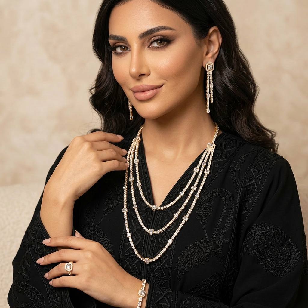 Omnia Layara Gold Long Chain Full Set with Triple-Layer Necklace in High-Quality Zircon Stone Rhodium Plated - OMNIASTORES KSA