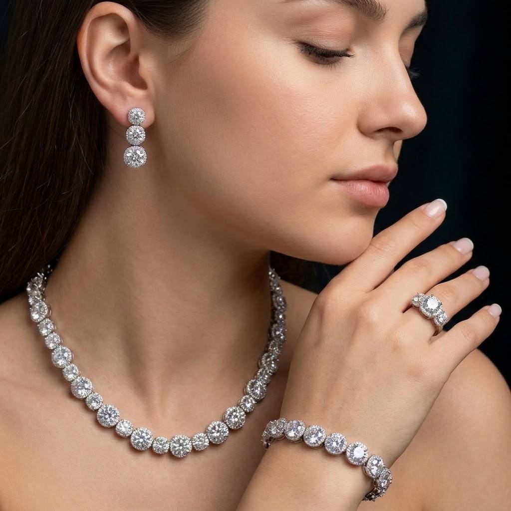 Omnia Lilian White Bridal Full Set in High Quality Simulated Diamonds Rhodium Plated - OMNIASTORES KSA