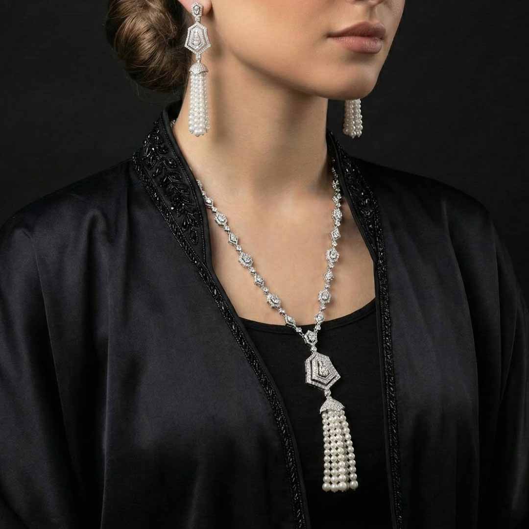 Omnia Lulu White Set in 92.5 Silver with High Quality Simulated Diamonds and Pearl Tassel Detailing - OMNIASTORES KSA