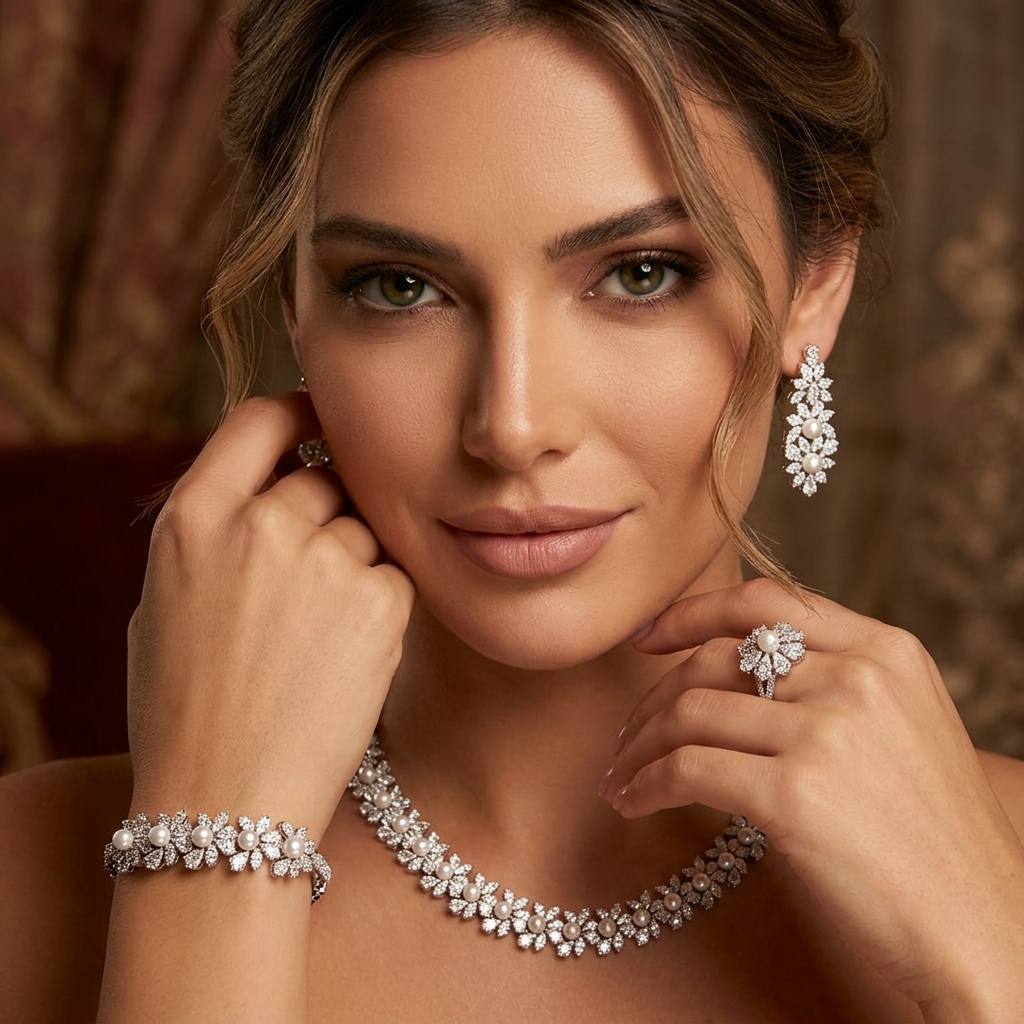 Omnia Maissa Bridal Full Set Accessories in High Quality Zircon Stone in Rhodium Plated - OMNIASTORES KSA