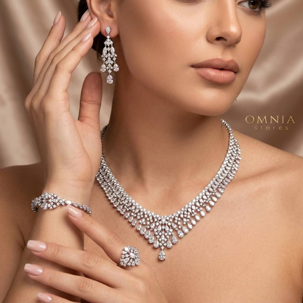 Omnia Melora White Luxury Bridal Full Set with Pear-Cut and Baguette Zircon in Cascading Design in High-Quality Rhodium Plated - OMNIASTORES KSA