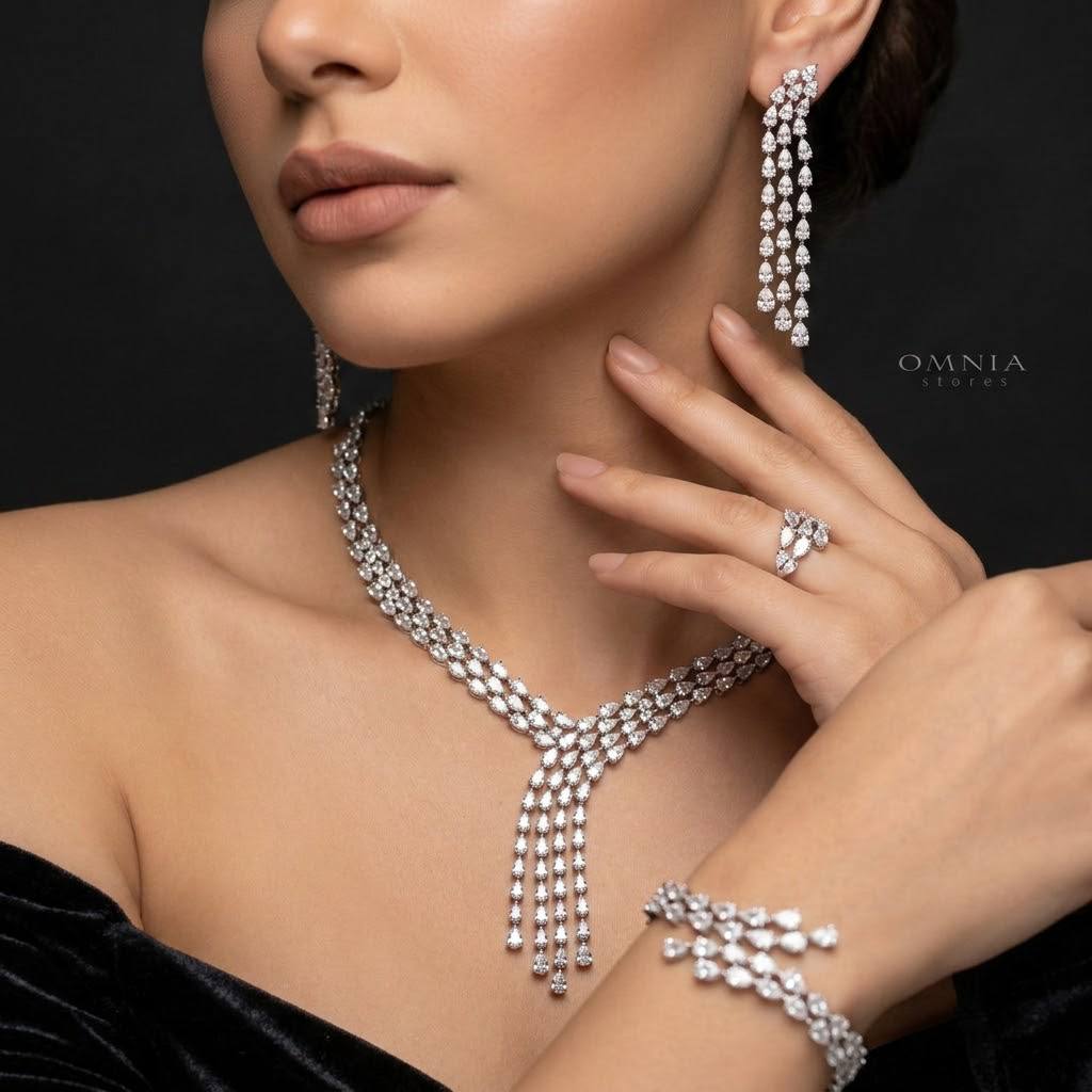Omnaia Michelle White Bridal Full Set Accessories in High Quality Zircon Stone in Rhodium Plated - OMNIASTORES KSA