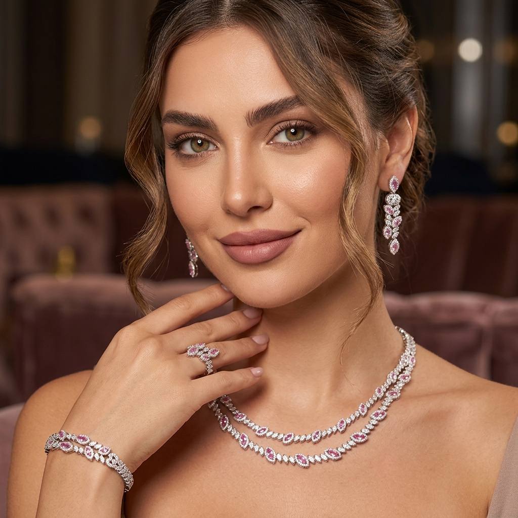 Omnia Nada Pink Bridal Full Set in High Quality Zircon Stone Rhodium Plated - OMNIASTORES KSA