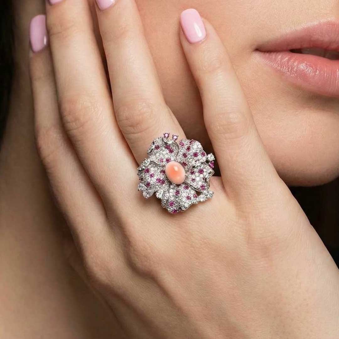 Omina Najiba Pink Coral Flower Ring in 925 Silver with High Quality Simulated Diamonds - OMNIASTORES KSA
