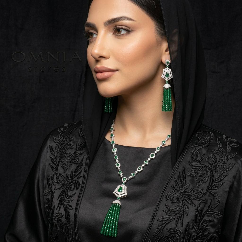 Omnia Najma Green Set in 92.5 Silver with High Quality Simulated Diamonds and Green Tassel Accents - OMNIASTORES KSA