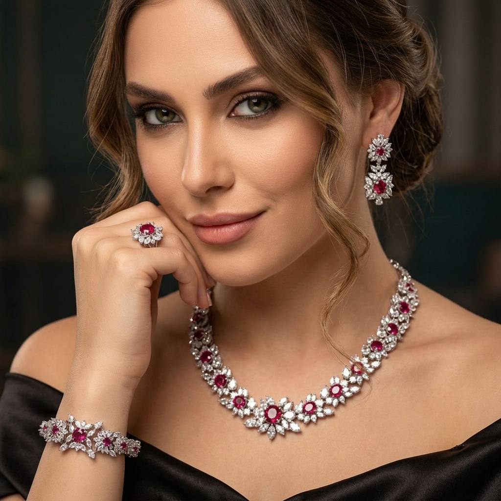 طقم زفاف أومنيا نارين الأحمر الكامل، مرصع بأحجار الزركون عالية الجودة ومطلي بالروديوم.