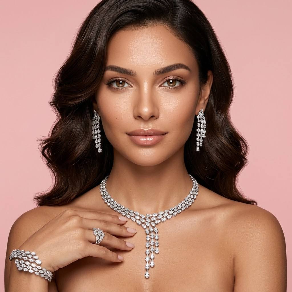 Omnia Nasiha Luxury Bridal White Full Set in High Quality Zircon Stone Rhodium Plated - OMNIASTORES KSA