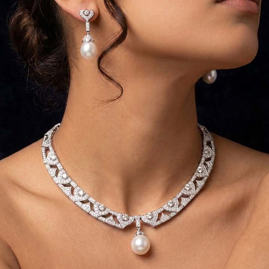 Omina Nouriya White Real Fresh Pear Necklace & Earrings in 925 Silver with High Quality Simulated Diamond Stones - OMNIASTORES KSA