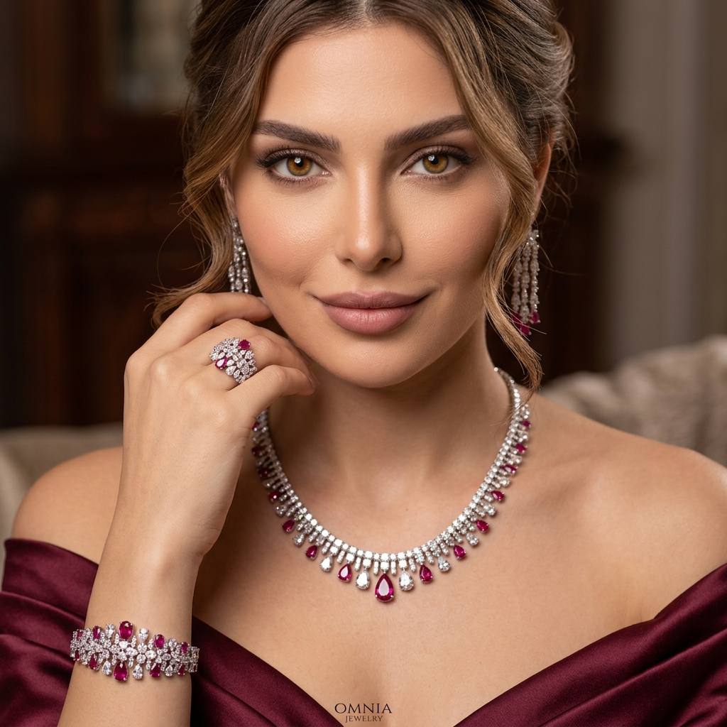 Omnia Nisrine Red Bridal Full Set Accessories in High Quality Zircon Stone in Rhodium Plated - OMNIASTORES KSA