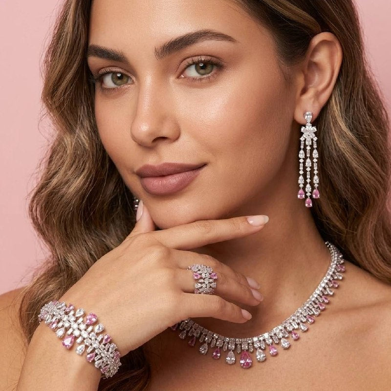 Omnia Nisrine Pink Bridal Full Set in High Quality Zircon Stone Premium Rhodium Plated - OMNIASTORES KSA
