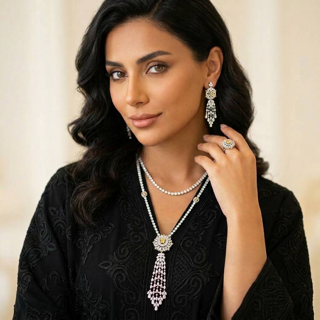 طقم إكسسوارات زفاف من سلسلة طويلة باللون الأصفر الداكن من أومنيا أولا، مصنوع من حجر الزركون عالي الجودة ومطلي بالروديوم.