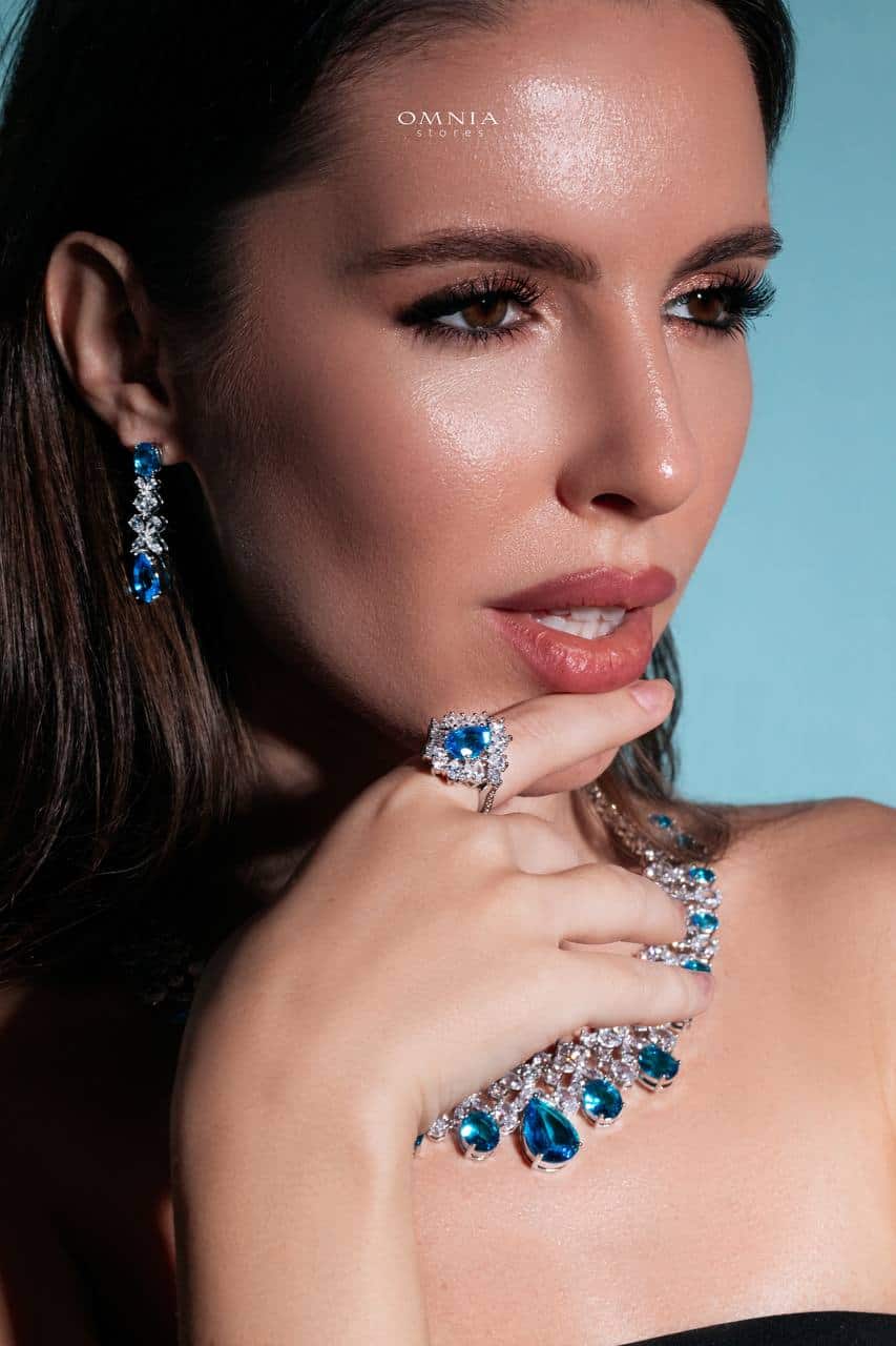 Omnia Suhana Sky Blue Bridal Full Set Designed with Pear-Cut and Round Simulated Diamonds in High-Quality Rhodium Plated Finish - OMNIASTORES KSA