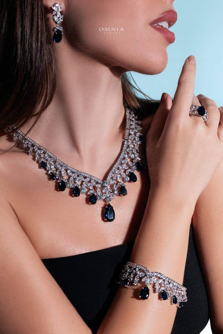 Omnia Princess Dark Blue Bridal Full Set in High Quality Simulated Diamonds - OMNIASTORES KSA