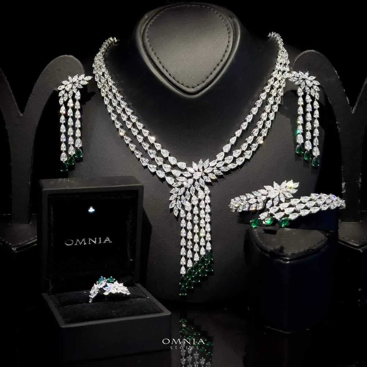 Omnia Rahaf Green Bridal Full Set Accessories in High Quality Zircon Stone in Rhodium Plated - OMNIASTORES UAE