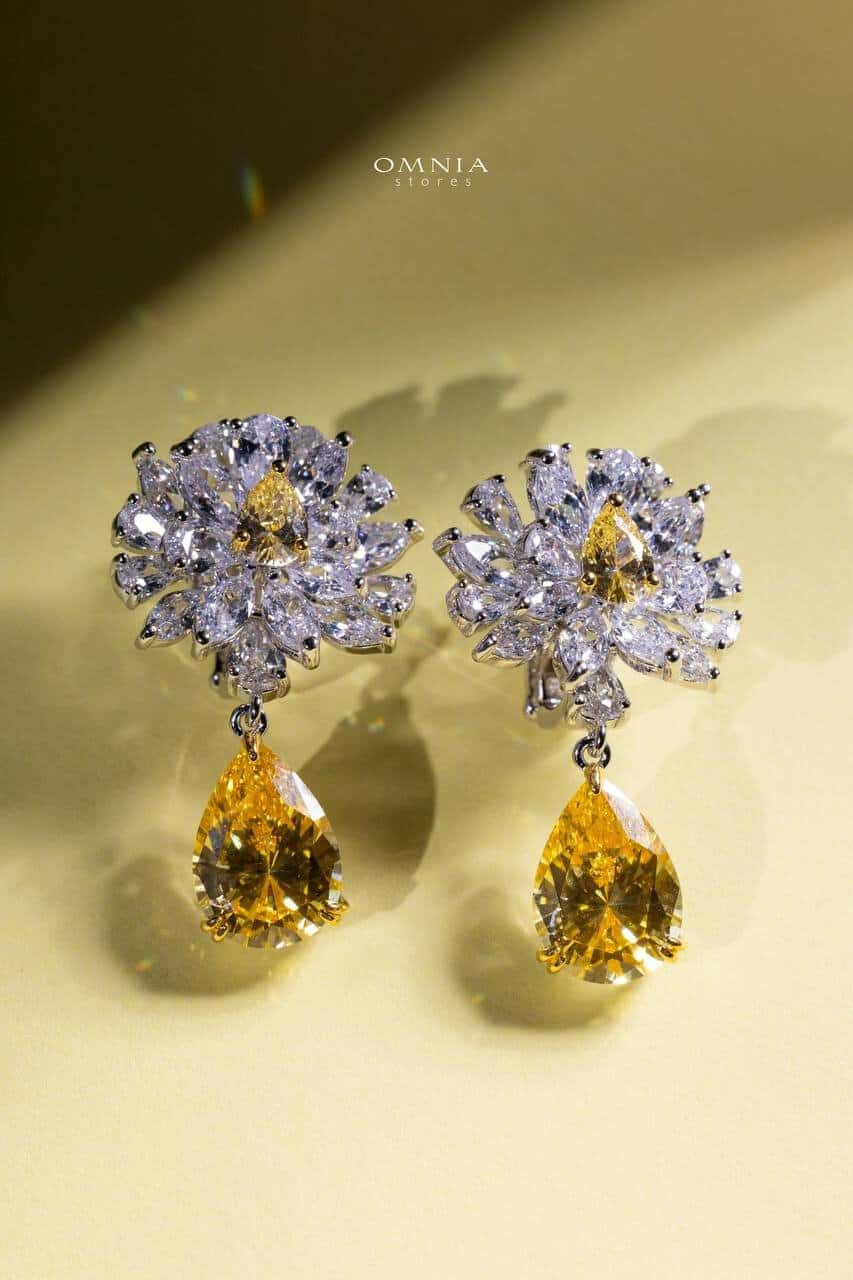 Omnia Nakaret Yellow Earrings 92.5 Silver In High Quality Simulated diamonds - OMNIASTORES UAE