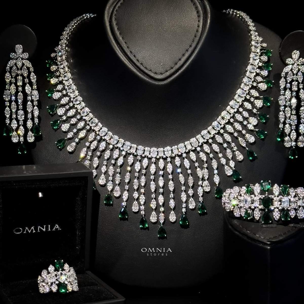 Omnia Rubin Green Bridal Full Set in High Quality Zircon Stone Rhodium Plated - OMNIASTORES UAE