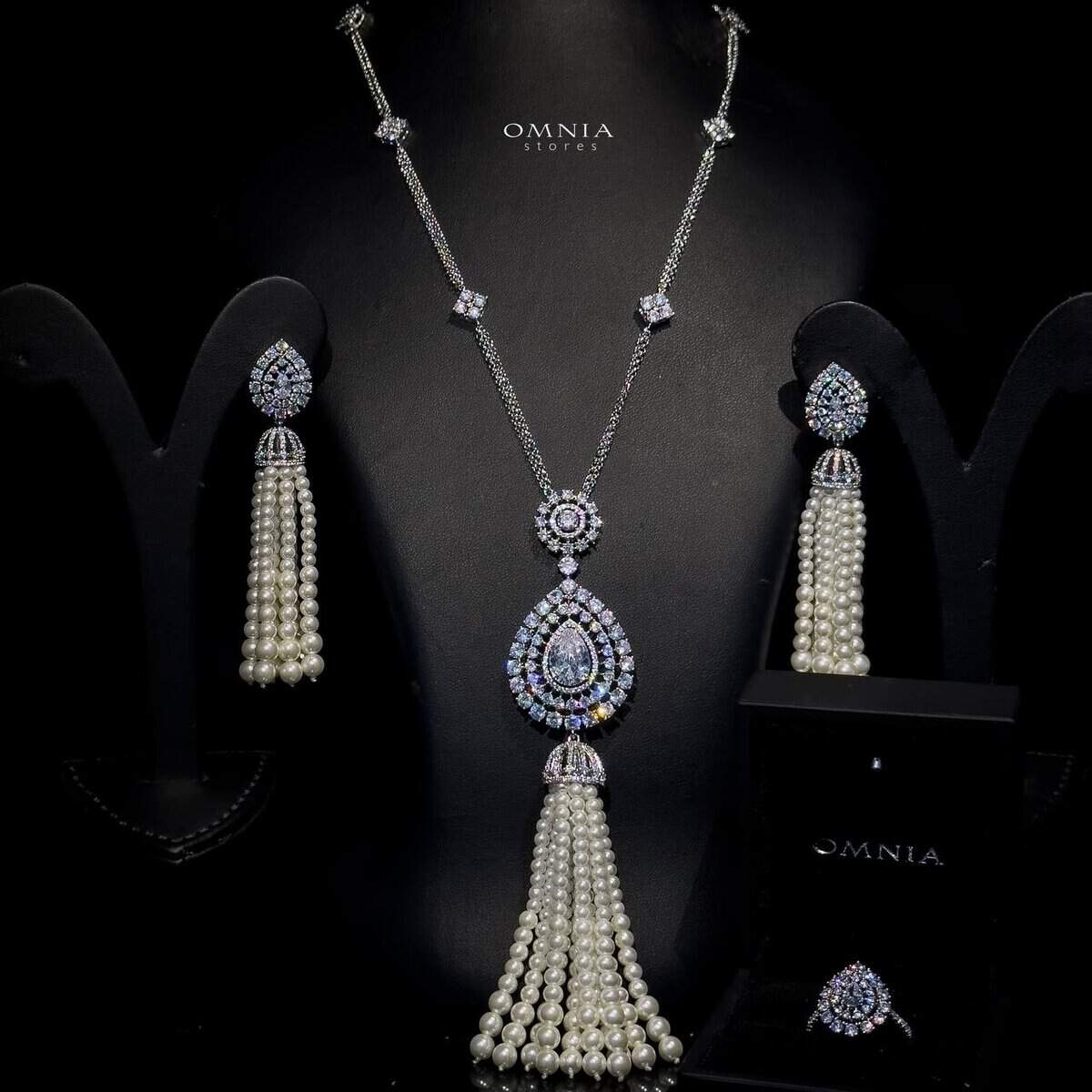 Omnia Asma Long chain Set Accessories High Quality Zircon Stone In Rhodium Plated - OMNIASTORES UAE
