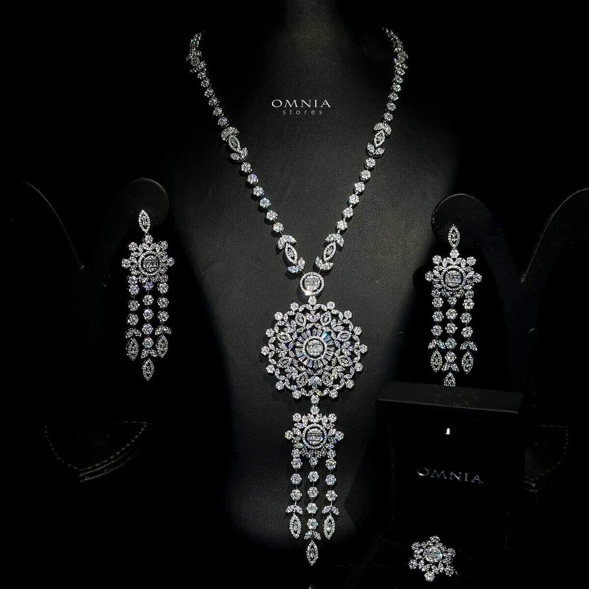Omnia Mansour Long chain Set Accessories High Quality Zircon Stone In Rhodium Plated - OMNIASTORES UAE
