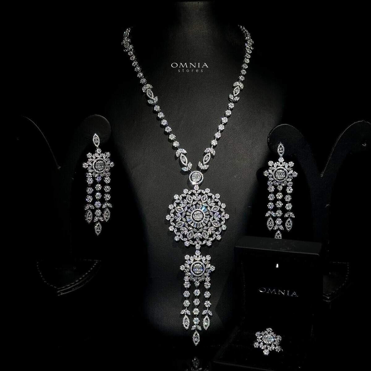 Omnia Mansour Long chain Set Accessories High Quality Zircon Stone In Rhodium Plated - OMNIASTORES UAE