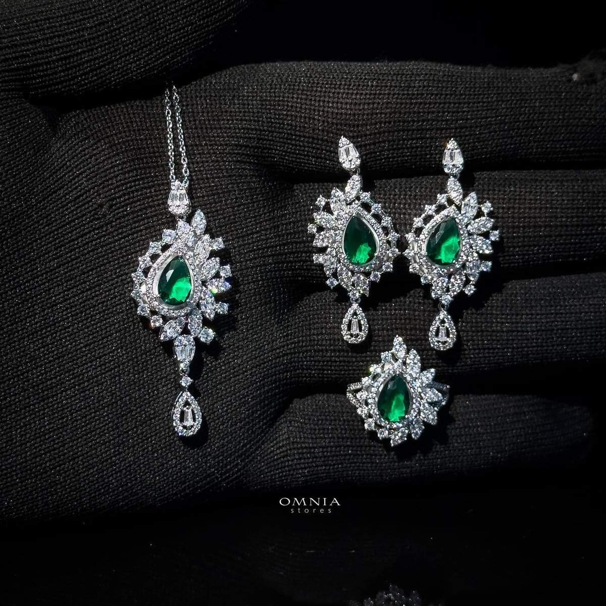Omnia Sandra Green Set in High Quality Zircon Stone Rhodium Plated - OMNIASTORES UAE
