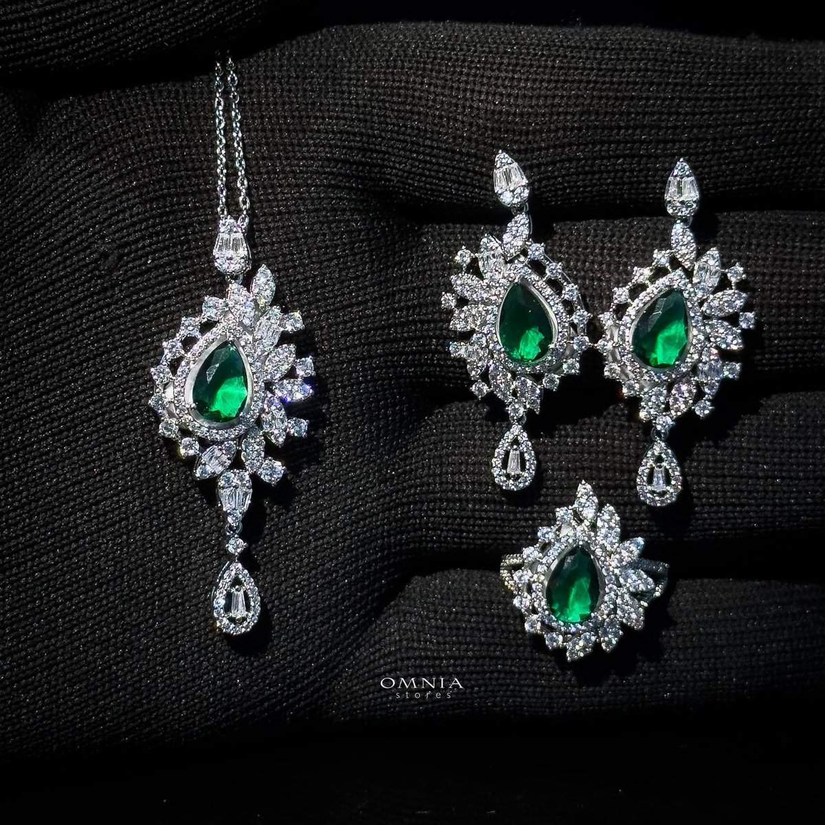 Omnia Sandra Green Set in High Quality Zircon Stone Rhodium Plated - OMNIASTORES UAE