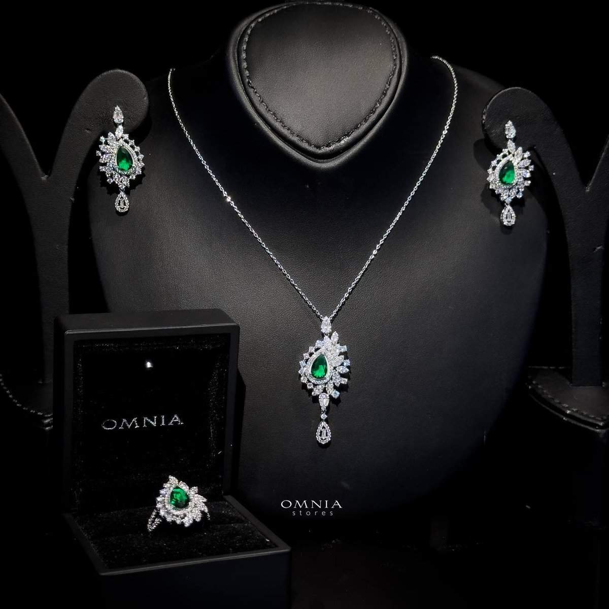 Omnia Sandra Green Set in High Quality Zircon Stone Rhodium Plated - OMNIASTORES UAE