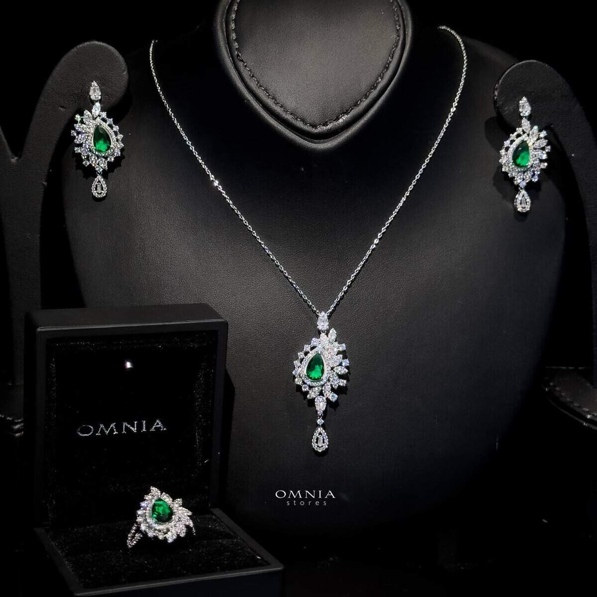 Omnia Sandra Green Set in High Quality Zircon Stone Rhodium Plated - OMNIASTORES UAE