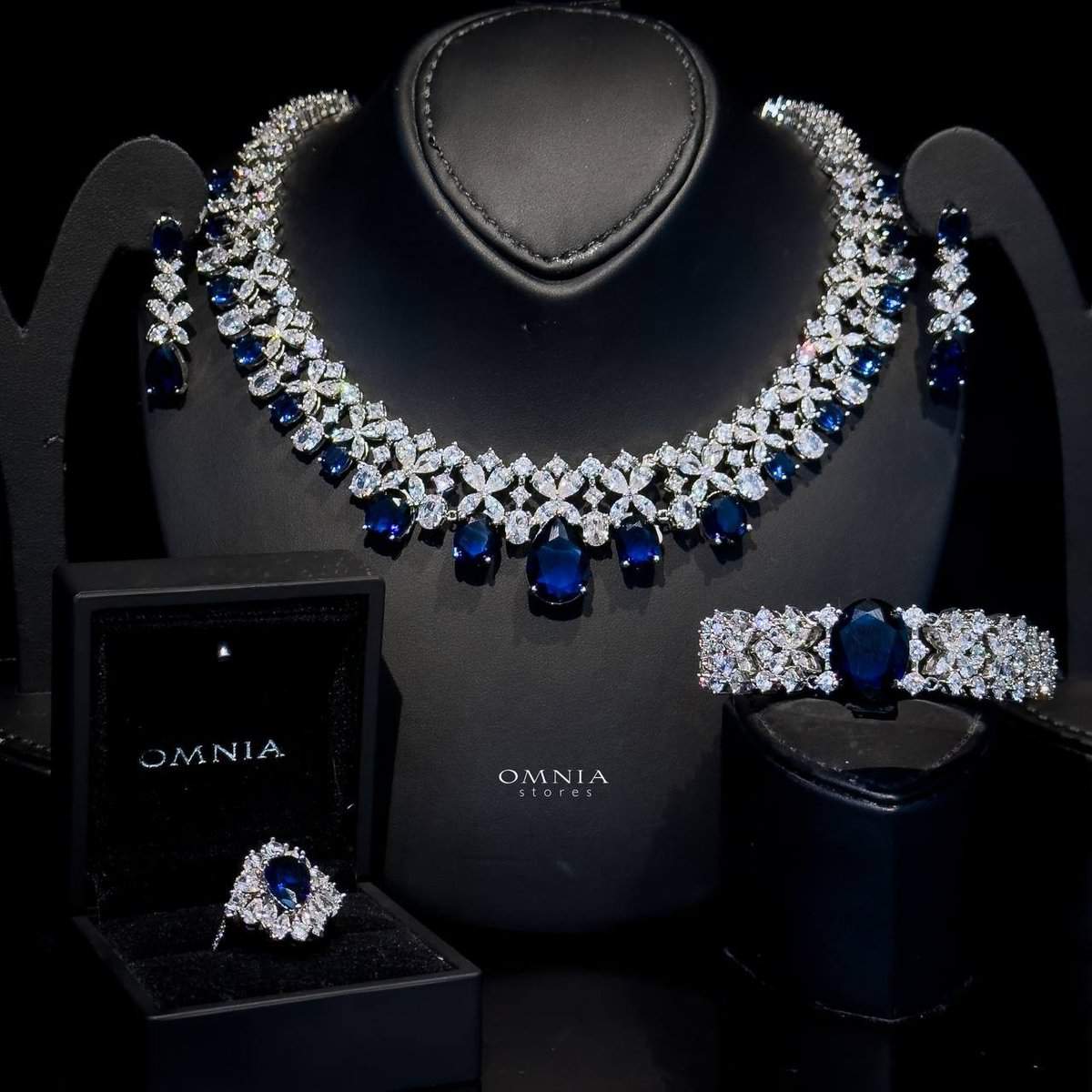 Omnia Suhana Dark Blue Bridal Full Set in High Quality Simulated Diamonds - OMNIASTORES UAE