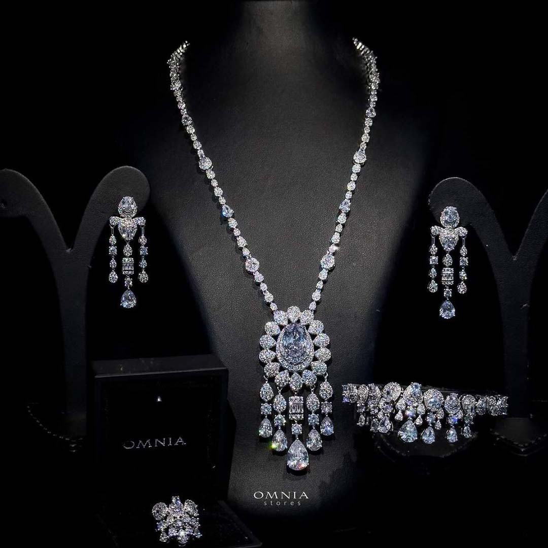 Omnia Aleya White Bridal Full Long chain Set in High Quality Simulated Diamonds